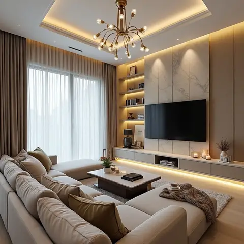 Warm living room with a book-matched marble TV feature wall lit by spotlights, backlit floating display shelving