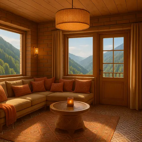 Warm render of a hill-house sitting room with exposed sandy brickwork, a plank-lined ceiling, an olive L-sofa in rust cushions and a carved round wood table