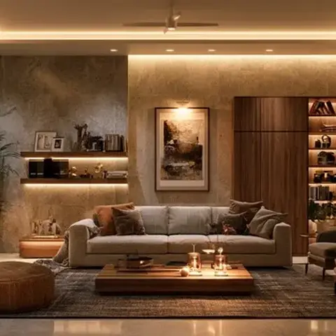 Warmly lit render of a living room with a textured travertine feature wall, two floating shelves of curios