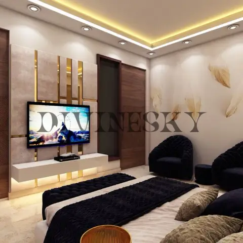 Watermarked render of a bedroom facing a gold-striped stone TV panel over a floating white console