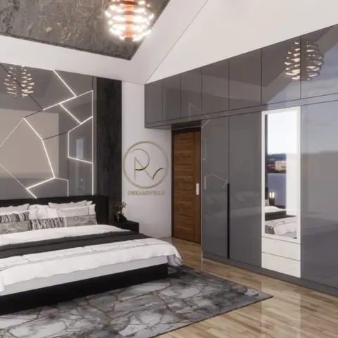 Watermarked render of a bedroom where LED lines run in a cracked-glass geometry across the grey headboard wall, above a low black platform bed