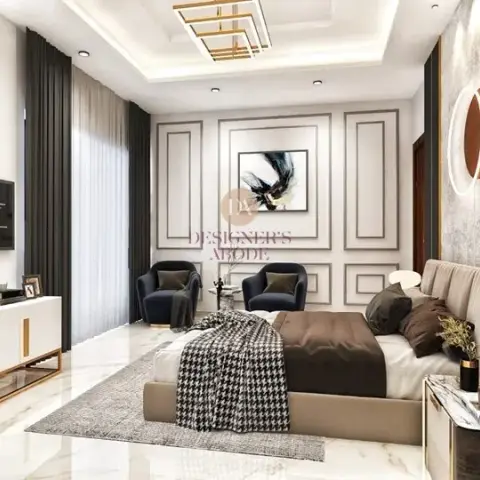 Watermarked render of a bedroom with a fluted taupe headboard, a houndstooth throw across chocolate bedding