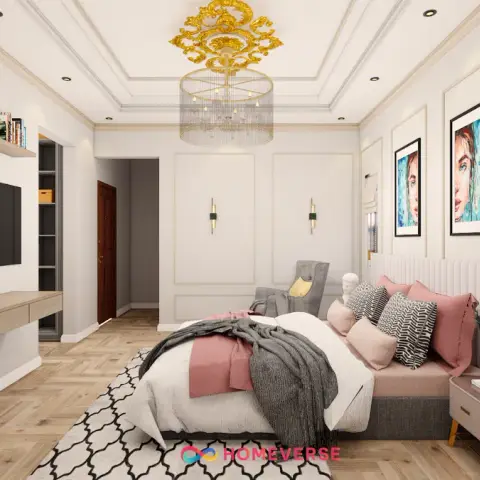 Watermarked render of a bedroom with a channel-tufted ivory headboard wall, blush and grey bedding, a gold rococo medallion holding a crystal drum chandelier