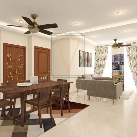 Watermarked render of a dining-living space: a six-seater walnut table on a patchwork rug set for a meal