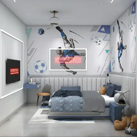 Watermarked render of a football-themed kids' bedroom: a printed bicycle-kick striker mural wraps two walls above a grey channel-tufted headboard panel