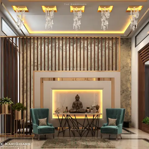 Watermarked render of a gold-patina feature wall topped with wooden battens, a backlit marble niche holding a bronze Buddha