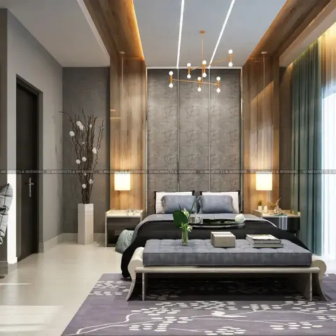 Watermarked render of a grey-and-wood master bedroom: a concrete-look headboard panel between tall vertical wood flanks