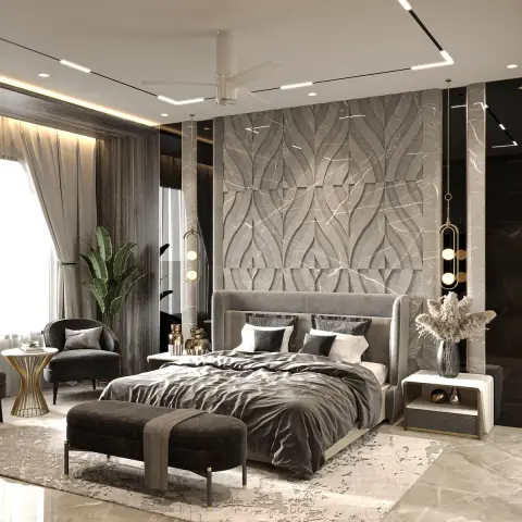 Watermarked render of a grey master bedroom: a CNC-carved leaf-pattern stone panel fills the headboard wall between polished marble pilasters