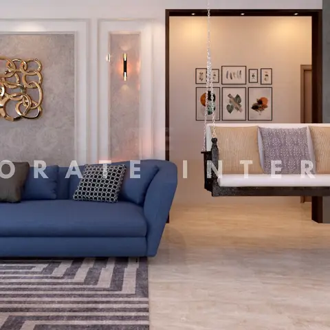 Watermarked render of a living room with a long low blue sofa under a gold ribbon-knot sculpture on a moulded grey texture panel