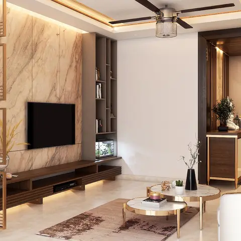 Watermarked render of a living room whose beige marble TV wall carries a floating walnut console, backlit niche shelving and a built-in aquarium