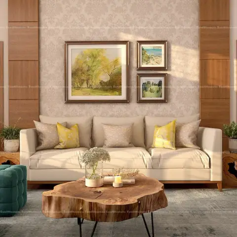 Watermarked render of a living room with a damask wallpaper panel between teak veneer strips, three landscape paintings over a cream sofa
