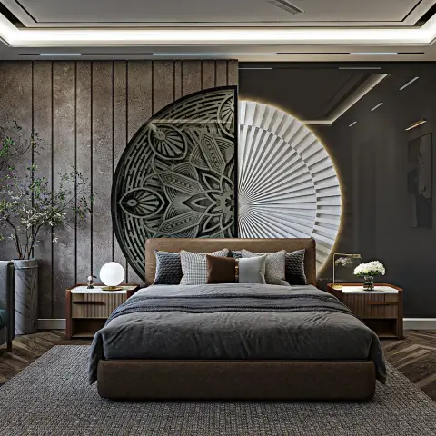 Watermarked render of a master bedroom whose headboard wall is a giant split circle - CNC mandala jaali on one half