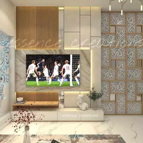 Watermarked render of a TV wall in grey-veined marble edged with oak slat panels, a floating white console below