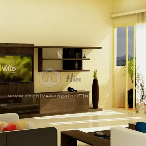 Watermarked render of an apartment living room with a wenge-veneer TV panel and cantilevered box shelves, printed panel blinds across the balcony glazing