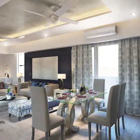 Watermarked render of an open living-dining in a Delhi flat: navy panelled feature wall behind the grey sofas