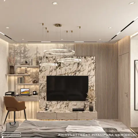 Watermarked render shot from the foot of the bed at a bedroom TV wall in bold-veined Calacatta Viola marble, with two crystal ring pendants