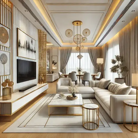 White-and-gold render of a living room with a fluted TV panel and gold jaali screen, an L-shaped cream sofa around a marble-and-brass table