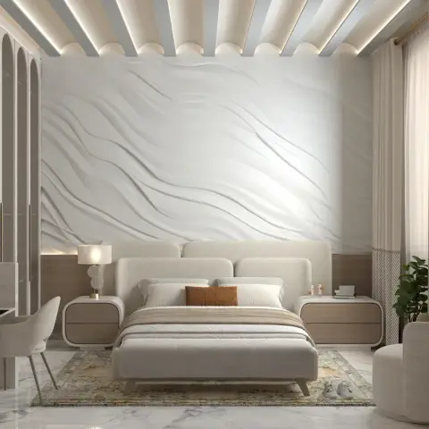 White bedroom render under a run of half-round ceiling baffles with LED slots between them, facing a sculpted wave-relief headboard wall