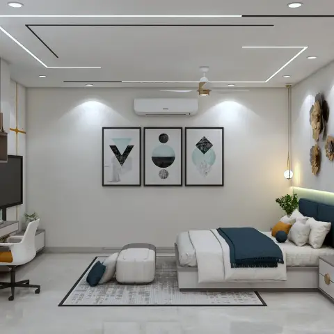 White bedroom render with linear profile lights routed in a stepped rectangular pattern across the ceiling