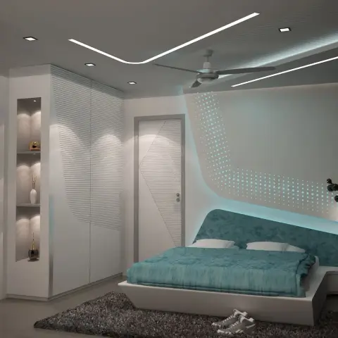 White bedroom with a CNC-perforated headboard panel backlit in turquoise, curved LED lines cut into the false ceiling
