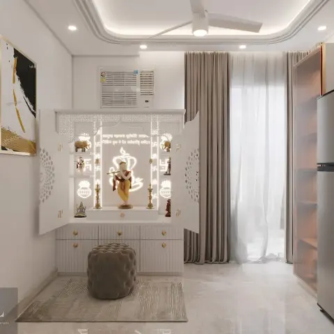 White CNC-jaali pooja unit with its shutters folded open around a backlit Krishna idol under an engraved mantra arch