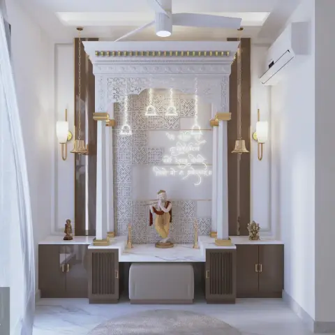 White marble pooja unit with carved pillars and a fretwork arch, a CNC jaali backdrop carrying a neon shloka