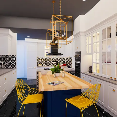 White shaker-style kitchen with a navy island topped in raw wood, Moroccan-pattern tile backsplash, brass geometric pendant lights and yellow wire barstools.