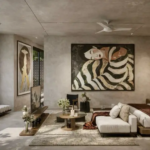Wide bedroom suite in raw lime-plaster walls where an oversized striped-figure canvas hangs over a lounge zone of low cream modules