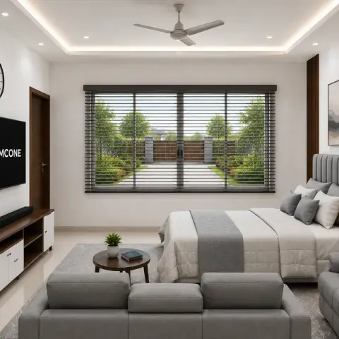 Wide bedroom that doubles as a sitting room: grey channel-tufted bed beside a recliner