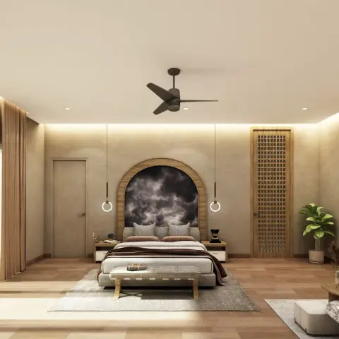 Wide bedroom where an arched stormy-sky panel sits behind the bed between two suspended ring pendants