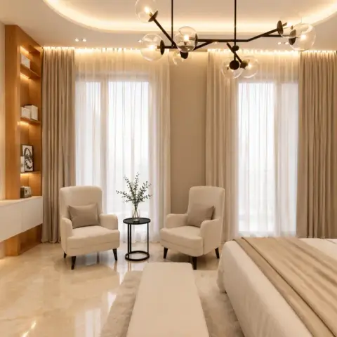 Wide cream master bedroom where an arched LED reveal traces a fluted-oak TV wall over a floating white console