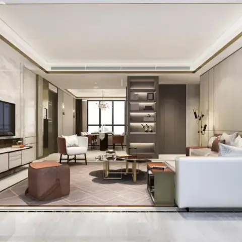 Wide render of a beige living room with a stone-slab TV wall trimmed in brass, a leather-strapped drum ottoman on a diamond-pattern rug
