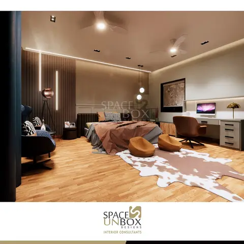 Wide render of an oversized bedroom with two ceiling fans, tan pebble pouffes and a cowhide rug at the foot of the bed