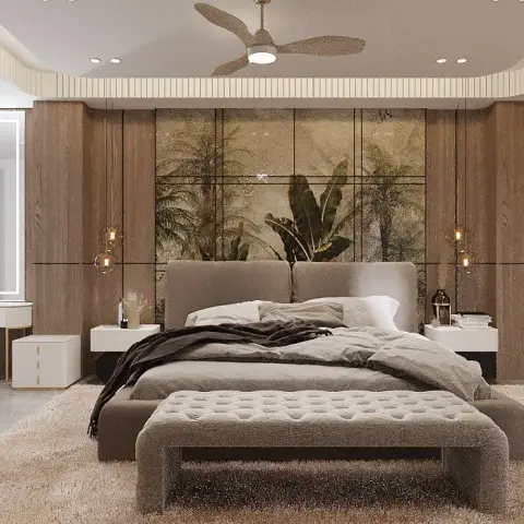 Wood-panelled bedroom headboard wall with a tropical palm mural inset, flanked by pendant lights and floating nightstands
